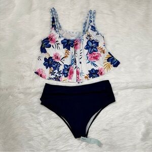 NWT Dressfo Floral Navy Blue Two Piece Swimsuit, Size (14) XXXL